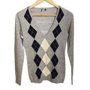 J.CREW Women's Argyle Sweater 35% Wool Grey Black Size XS